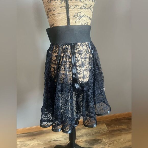 Vintage black tulle floral lace satin ribbon pleated bubble mini skirt Goth - Picture 10 of 12